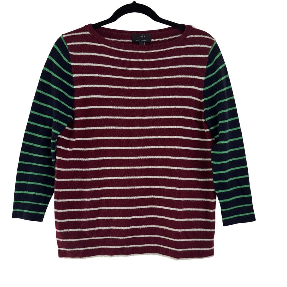 J. Crew Womens Burgundy/Green Cashmere 3/4 Sleeve Striped Round Neck Size S
